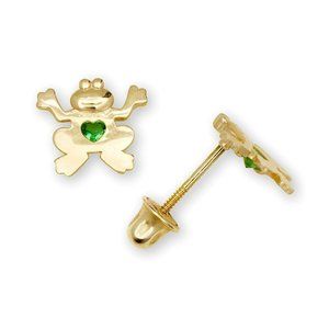 14K Solid Gold Adorable 7x7mm Frog Studs Earrings Set with Emerald Stone